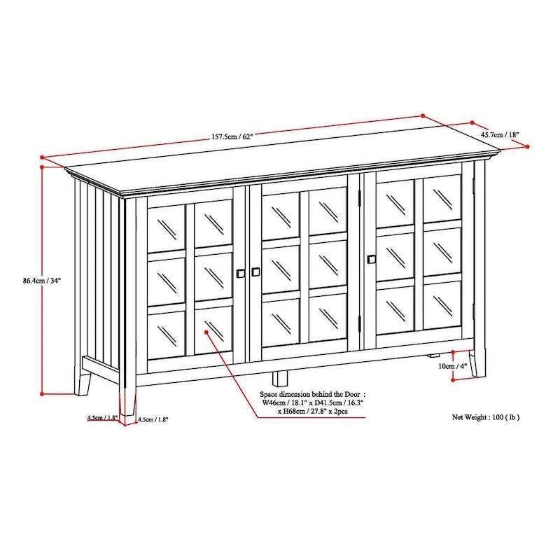 Meuble de rangement de style transitionnel en bois massif avec portes vitrées de 157 cm de large