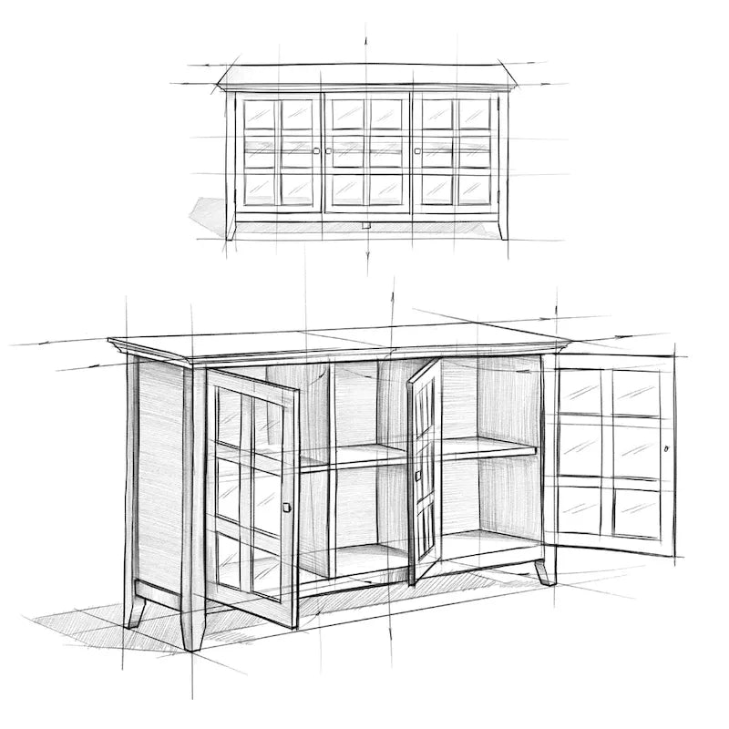 Meuble de rangement de style transitionnel en bois massif avec portes vitrées de 157 cm de large