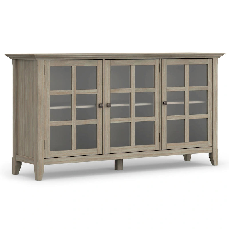 Meuble de rangement de style transitionnel en bois massif avec portes vitrées de 157 cm de large