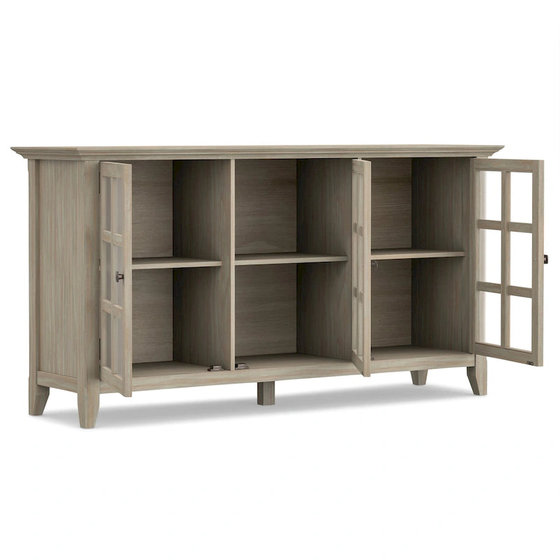 Meuble de rangement de style transitionnel en bois massif avec portes vitrées de 157 cm de large