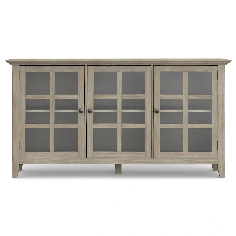 Meuble de rangement de style transitionnel en bois massif avec portes vitrées de 157 cm de large
