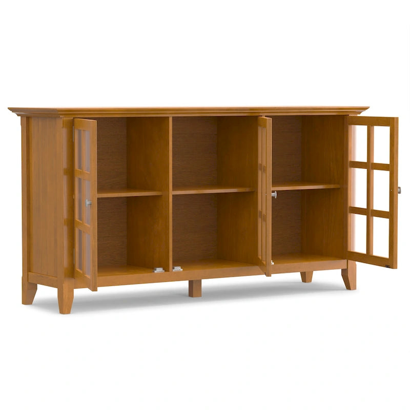 Meuble de rangement de style transitionnel en bois massif avec portes vitrées de 157 cm de large
