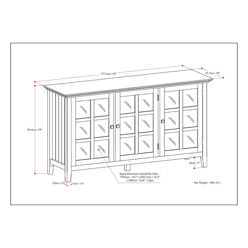 Meuble de rangement de style transitionnel en bois massif avec portes vitrées de 157 cm de large