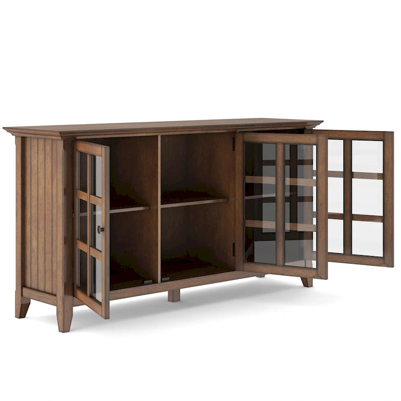 Meuble de rangement de style transitionnel en bois massif avec portes vitrées de 157 cm de large