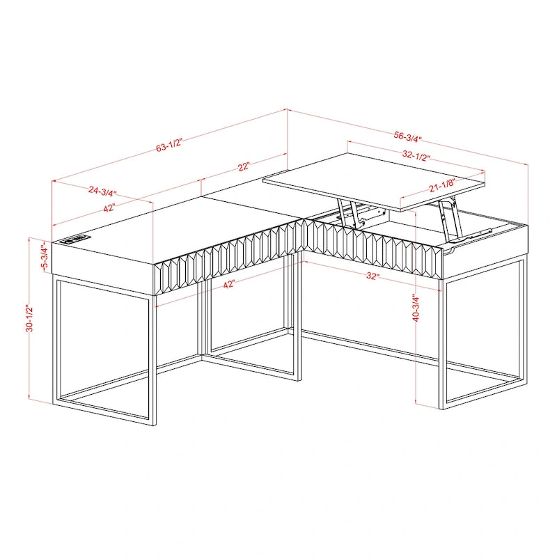 Bureau d'angle informatique Bird Glam Metal à plateau relevable avec ports USB