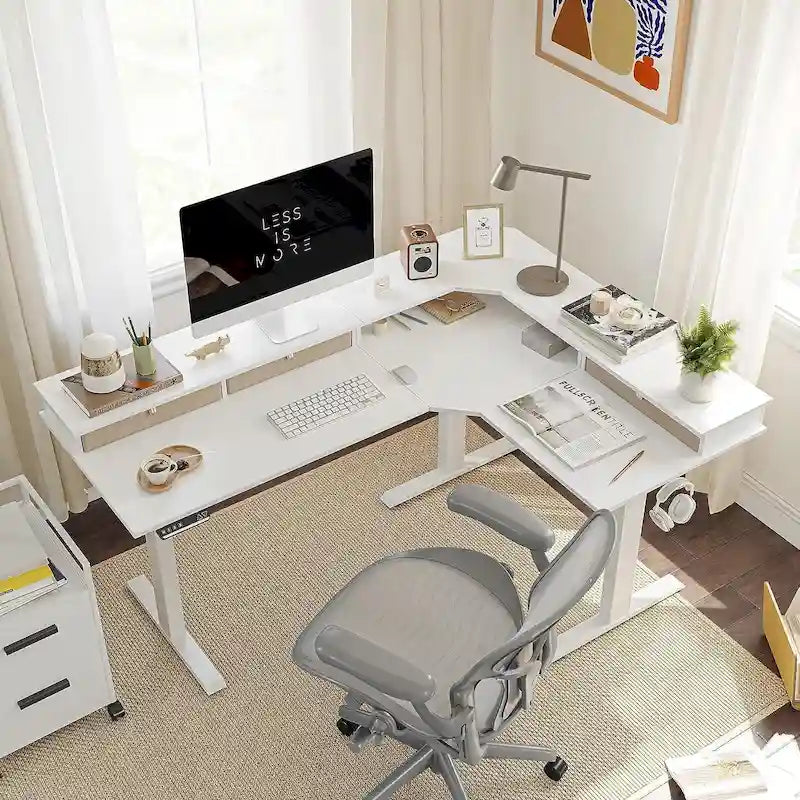 Bureau électrique en L réglable en hauteur avec 3 tiroirs et roulettes verrouillables, 160 cm