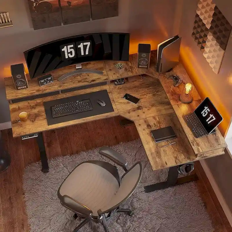 Bureau électrique en L réglable en hauteur avec 3 tiroirs et roulettes verrouillables, 160 cm
