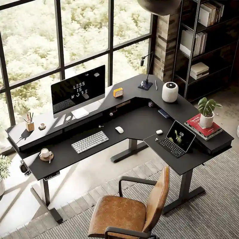 Bureau électrique en L réglable en hauteur avec 3 tiroirs et roulettes verrouillables, 160 cm