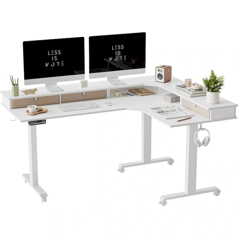Bureau électrique en L réglable en hauteur avec 3 tiroirs et roulettes verrouillables, 160 cm