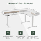 Bureau électrique en L réglable en hauteur avec 3 tiroirs et roulettes verrouillables, 160 cm