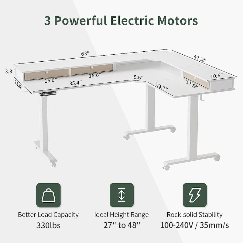 Bureau électrique en L réglable en hauteur avec 3 tiroirs et roulettes verrouillables, 160 cm