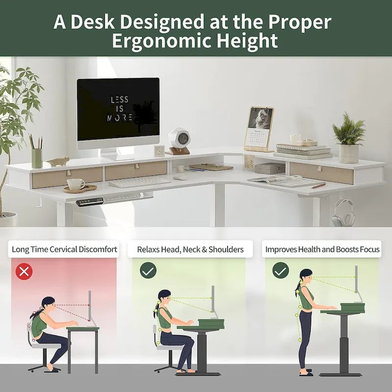 Bureau électrique en L réglable en hauteur avec 3 tiroirs et roulettes verrouillables, 160 cm