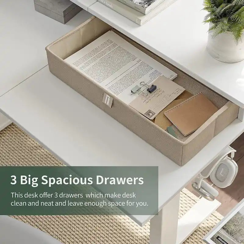 Bureau électrique en L réglable en hauteur avec 3 tiroirs et roulettes verrouillables, 160 cm