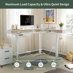 Bureau électrique en L réglable en hauteur avec 3 tiroirs et roulettes verrouillables, 160 cm