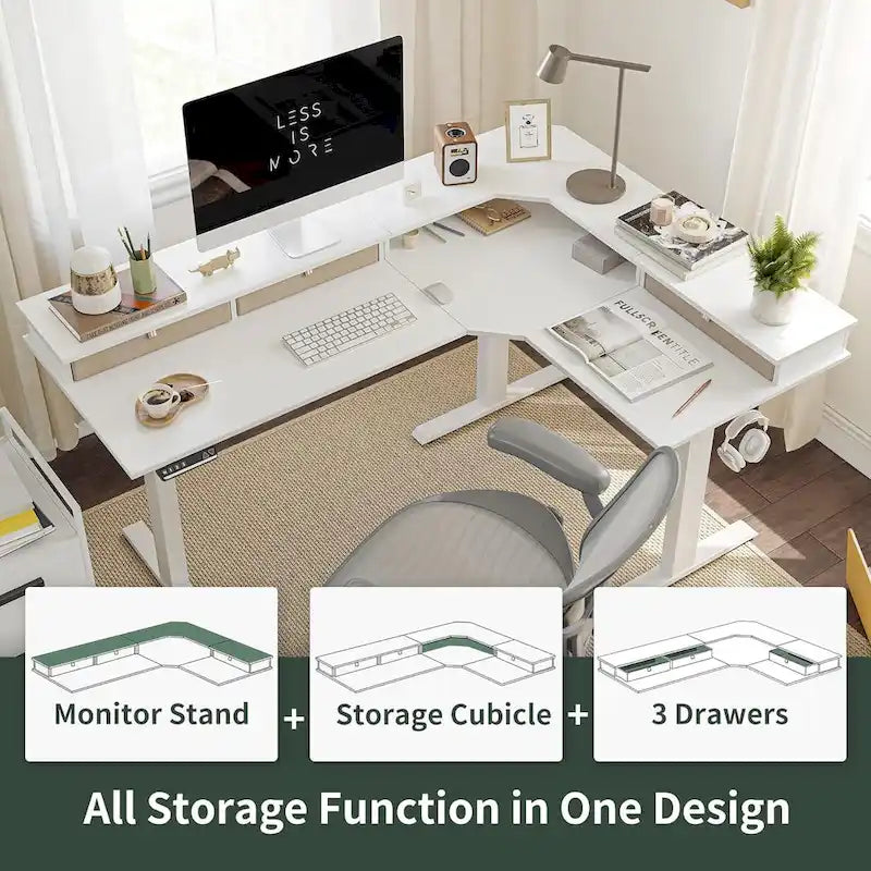 Bureau électrique en L réglable en hauteur avec 3 tiroirs et roulettes verrouillables, 160 cm