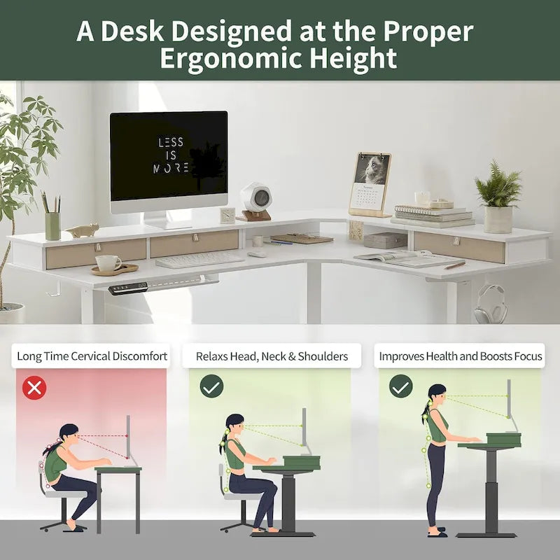 Bureau électrique en L réglable en hauteur avec 3 tiroirs et roulettes verrouillables, 160 cm