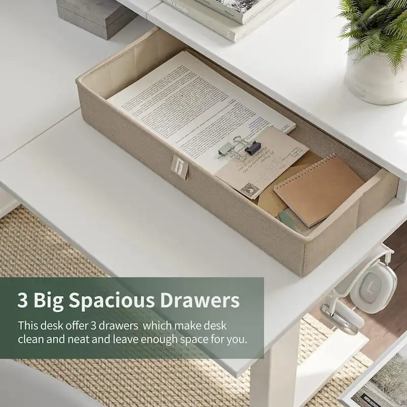 Bureau électrique en L réglable en hauteur avec 3 tiroirs et roulettes verrouillables, 160 cm