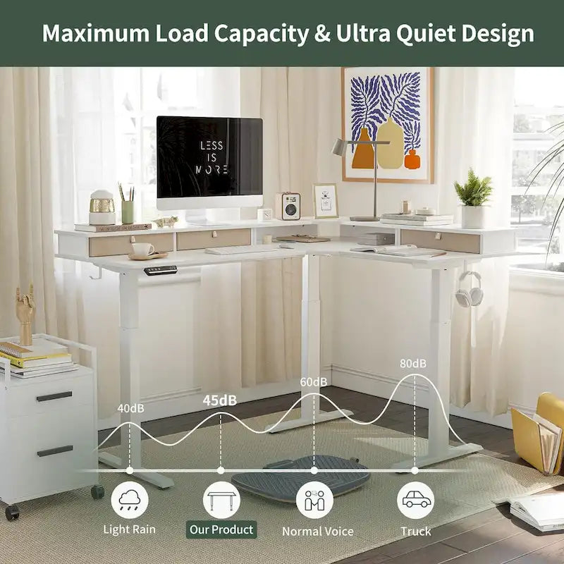 Bureau électrique en L réglable en hauteur avec 3 tiroirs et roulettes verrouillables, 160 cm