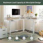 Bureau électrique en L réglable en hauteur avec 3 tiroirs et roulettes verrouillables, 160 cm