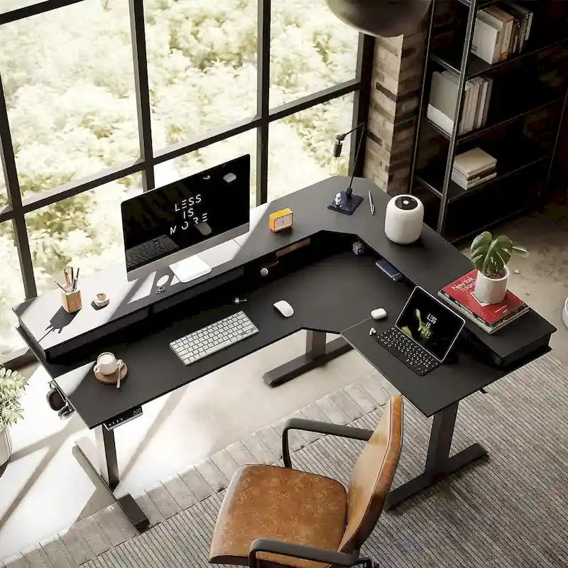 Bureau électrique en L réglable en hauteur avec 3 tiroirs et roulettes verrouillables, 160 cm