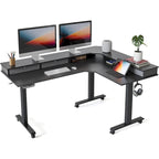 Bureau électrique en L réglable en hauteur avec 3 tiroirs et roulettes verrouillables, 160 cm