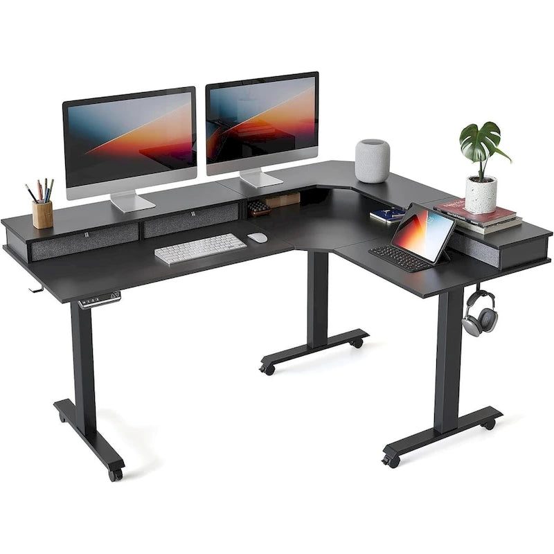 Bureau électrique en L réglable en hauteur avec 3 tiroirs et roulettes verrouillables, 160 cm