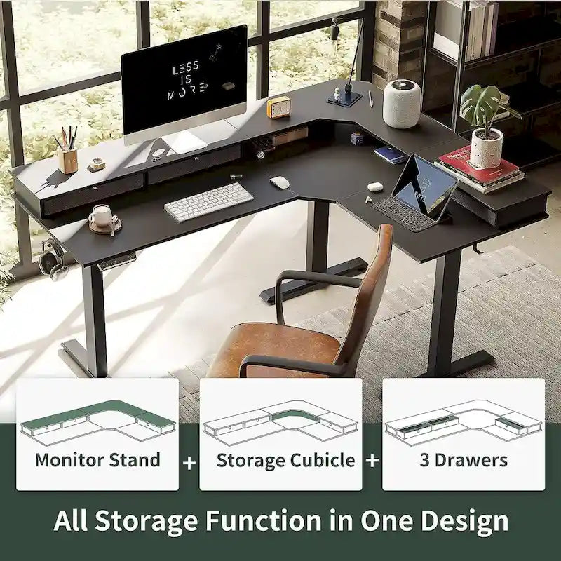 Bureau électrique en L réglable en hauteur avec 3 tiroirs et roulettes verrouillables, 160 cm