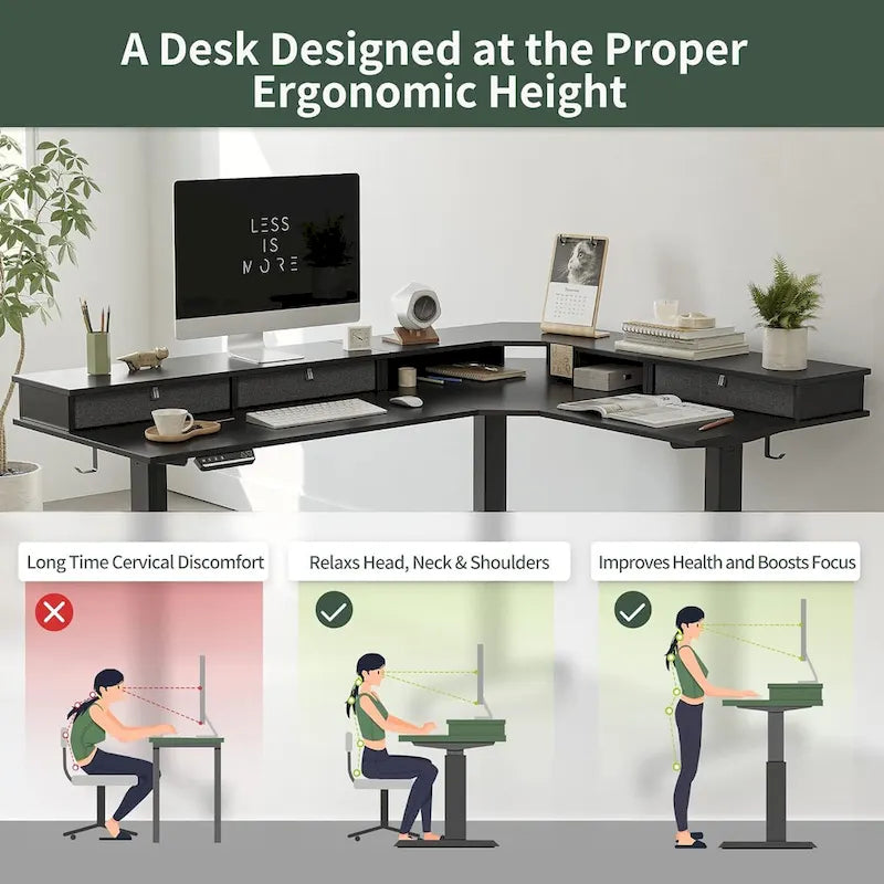 Bureau électrique en L réglable en hauteur avec 3 tiroirs et roulettes verrouillables, 160 cm