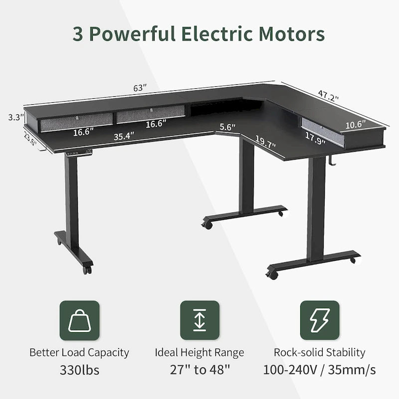 Bureau électrique en L réglable en hauteur avec 3 tiroirs et roulettes verrouillables, 160 cm