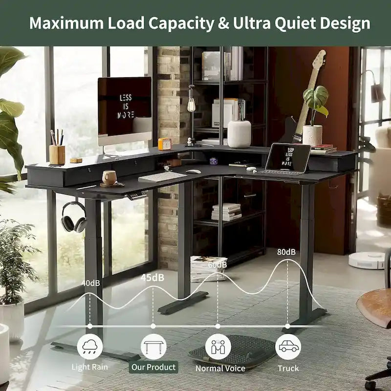 Bureau électrique en L réglable en hauteur avec 3 tiroirs et roulettes verrouillables, 160 cm