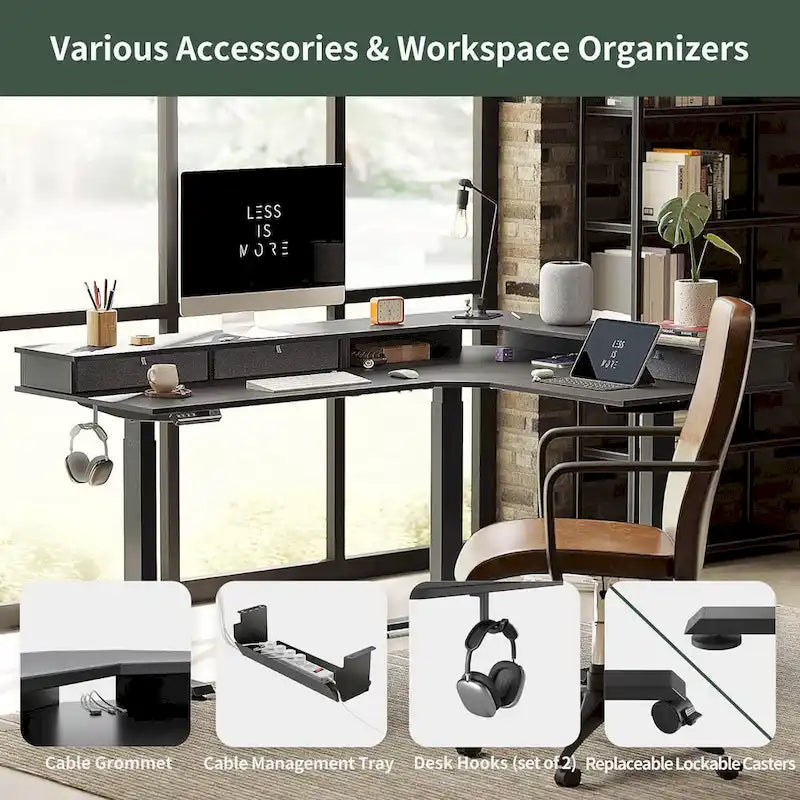 Bureau électrique en L réglable en hauteur avec 3 tiroirs et roulettes verrouillables, 160 cm