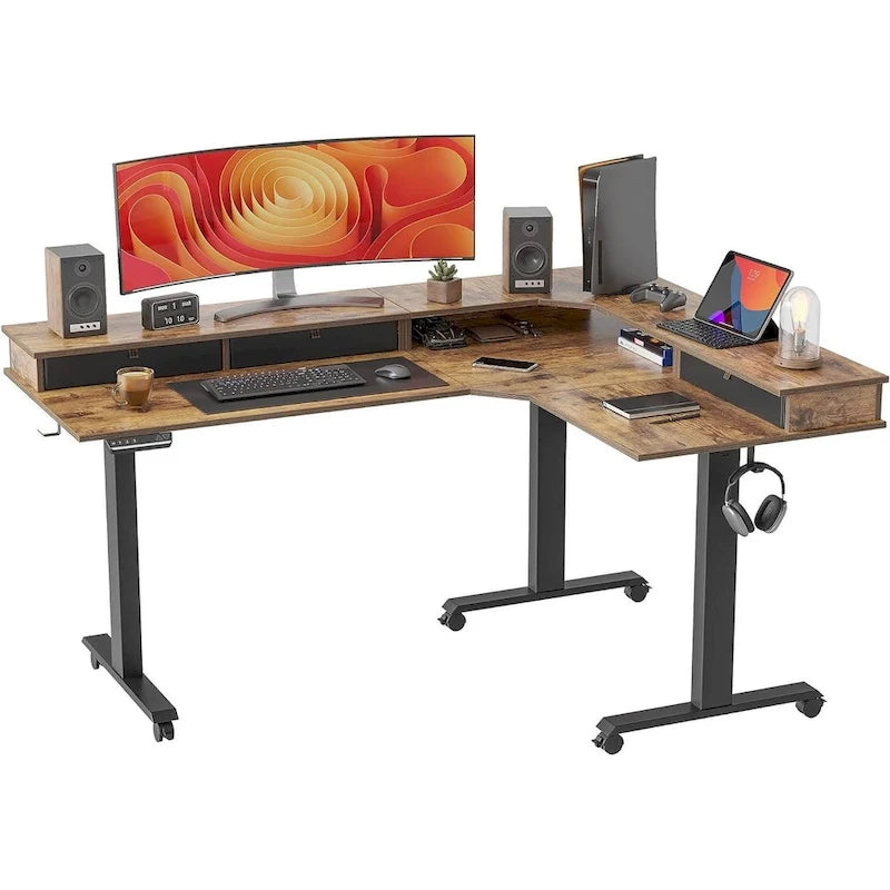 Bureau électrique en L réglable en hauteur avec 3 tiroirs et roulettes verrouillables, 160 cm