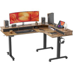 Bureau électrique en L réglable en hauteur avec 3 tiroirs et roulettes verrouillables, 160 cm