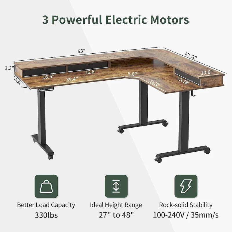 Bureau électrique en L réglable en hauteur avec 3 tiroirs et roulettes verrouillables, 160 cm
