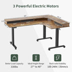 Bureau électrique en L réglable en hauteur avec 3 tiroirs et roulettes verrouillables, 160 cm