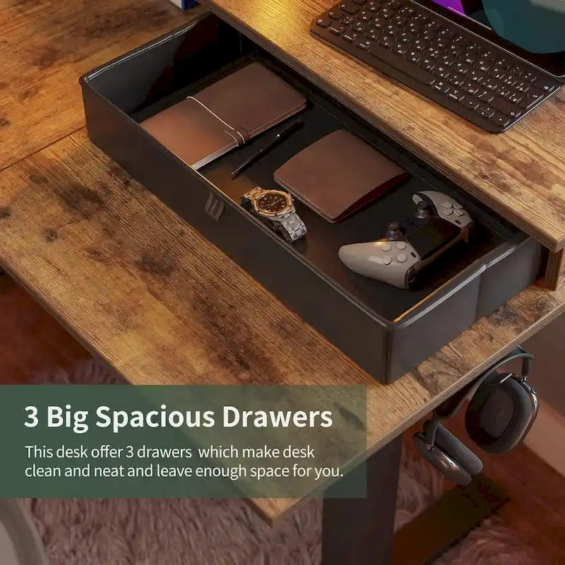 Bureau électrique en L réglable en hauteur avec 3 tiroirs et roulettes verrouillables, 160 cm