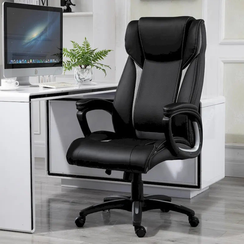 Chaise de bureau ergonomique en cuir PU, réglable en hauteur, basculante, pivotante à 360°, pour la maison et le travail, noire