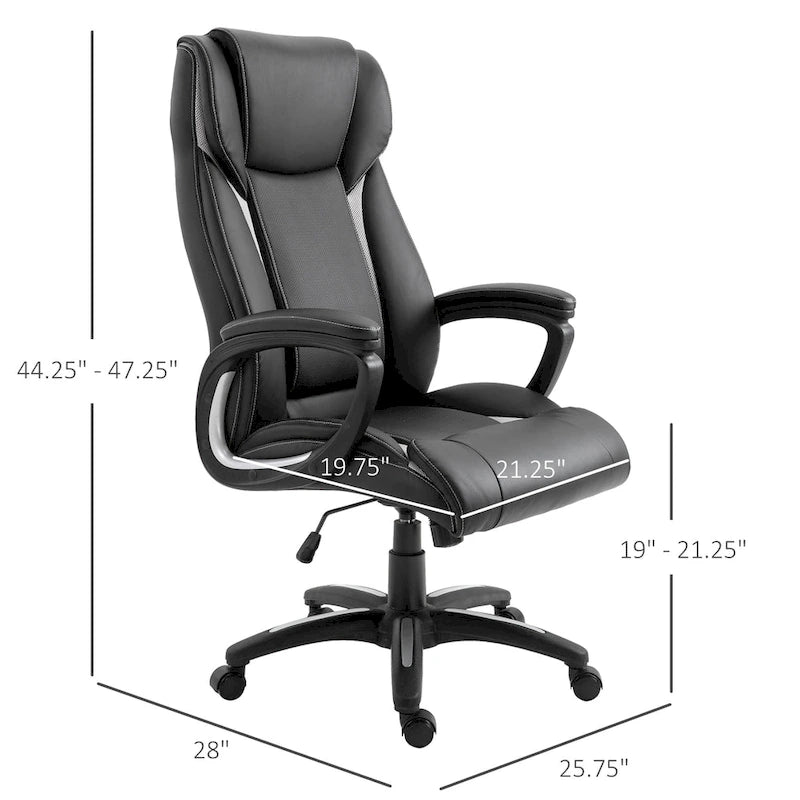 Chaise de bureau ergonomique en cuir PU, réglable en hauteur, basculante, pivotante à 360°, pour la maison et le travail, noire