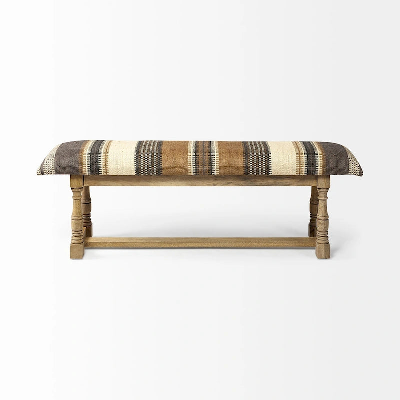 Banc d'appoint Greenfield I en jute à motifs marron et beige avec cadre en bois - 59W x 14.3D x 19H
