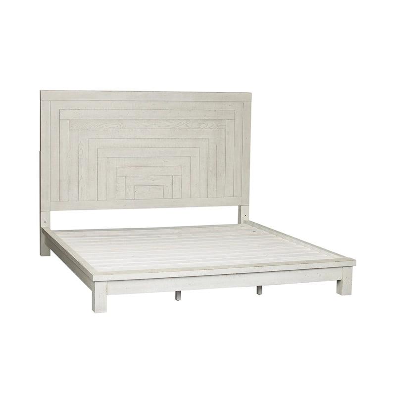 Lit plateforme Queen de style ferme moderne, blanc vieilli, de brocante