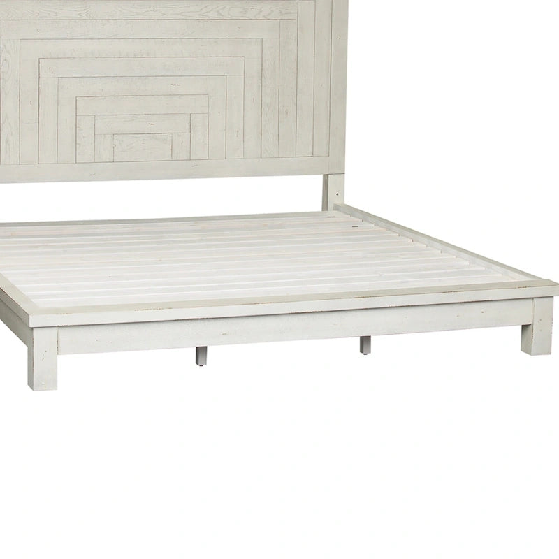 Lit plateforme Queen de style ferme moderne, blanc vieilli, de brocante