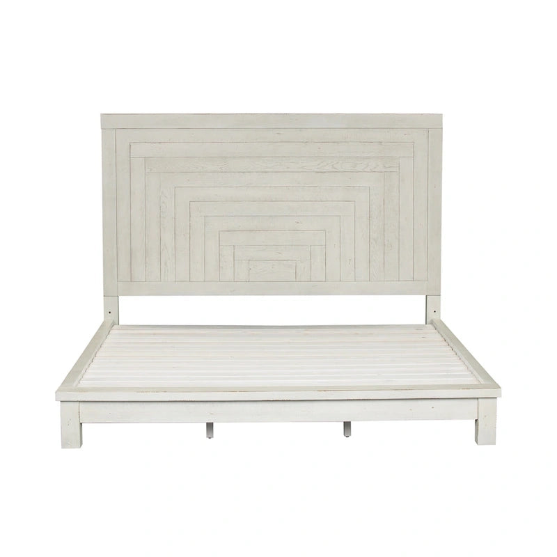 Lit plateforme Queen de style ferme moderne, blanc vieilli, de brocante