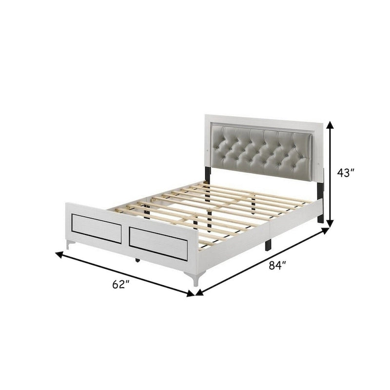 Lit Queen Size élégant, liseré LED, tête de lit capitonnée, blanc