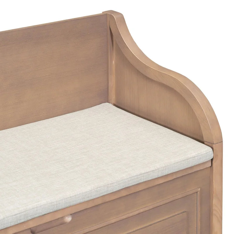 Banc de rangement rustique en bois massif pour entrée avec charnière de sécurité