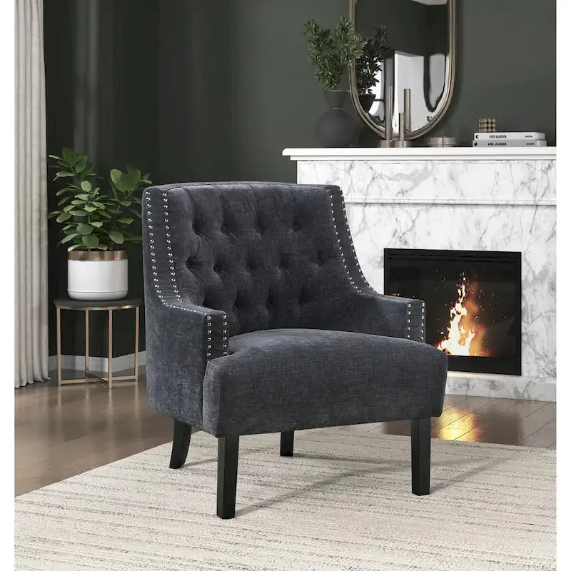 Fauteuil d'appoint traditionnel moderne, revêtement en chenille, capitonnage, bois massif, 1 pièce, mobilier de salon