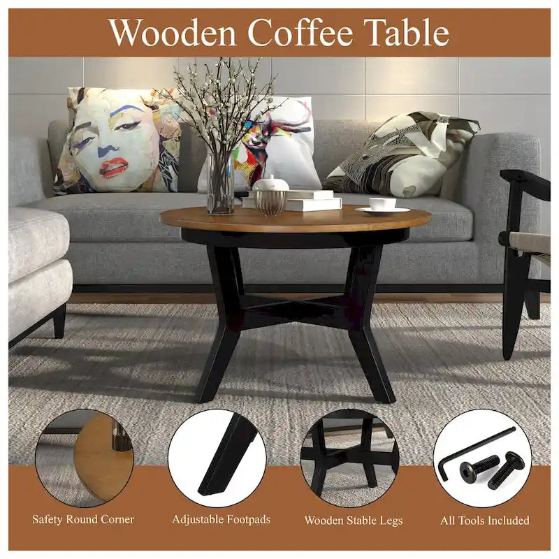Table basse circulaire en bois de style Mid-Century pour salon de ferme