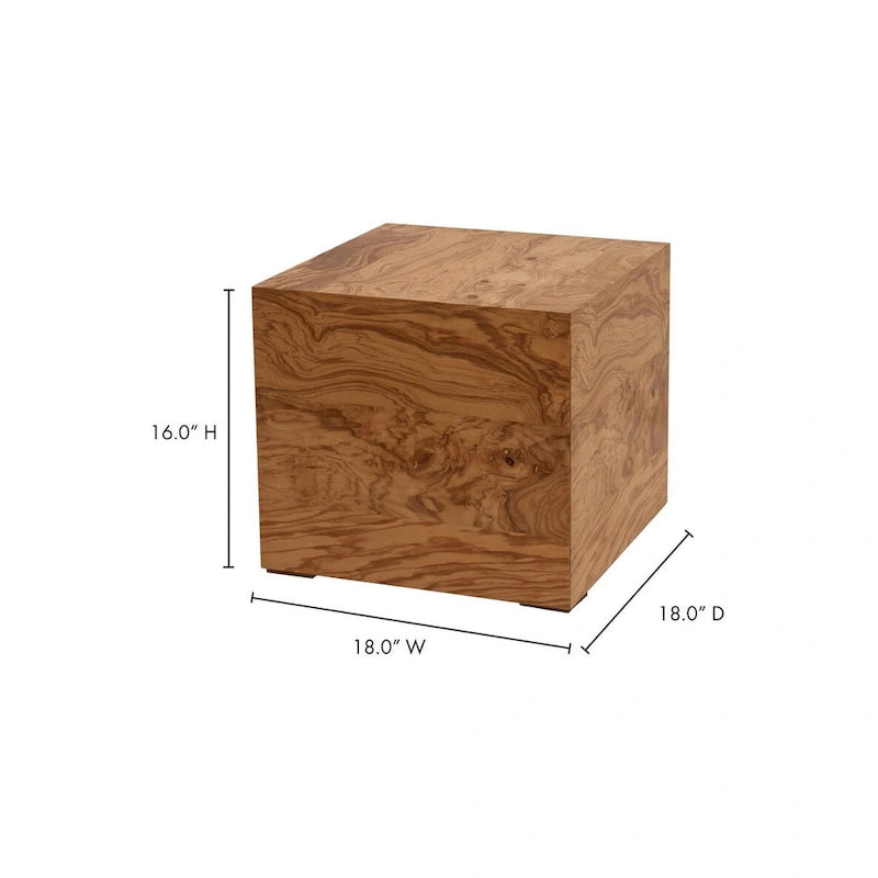 Table d'appoint moderne en placage de bois de loupe naturel, 18"L x 18"P x 16"H