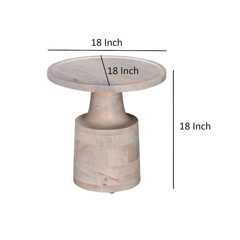 Table d'appoint, plateau rond de 18 pouces, pied central, bois de manguier blanc chêne