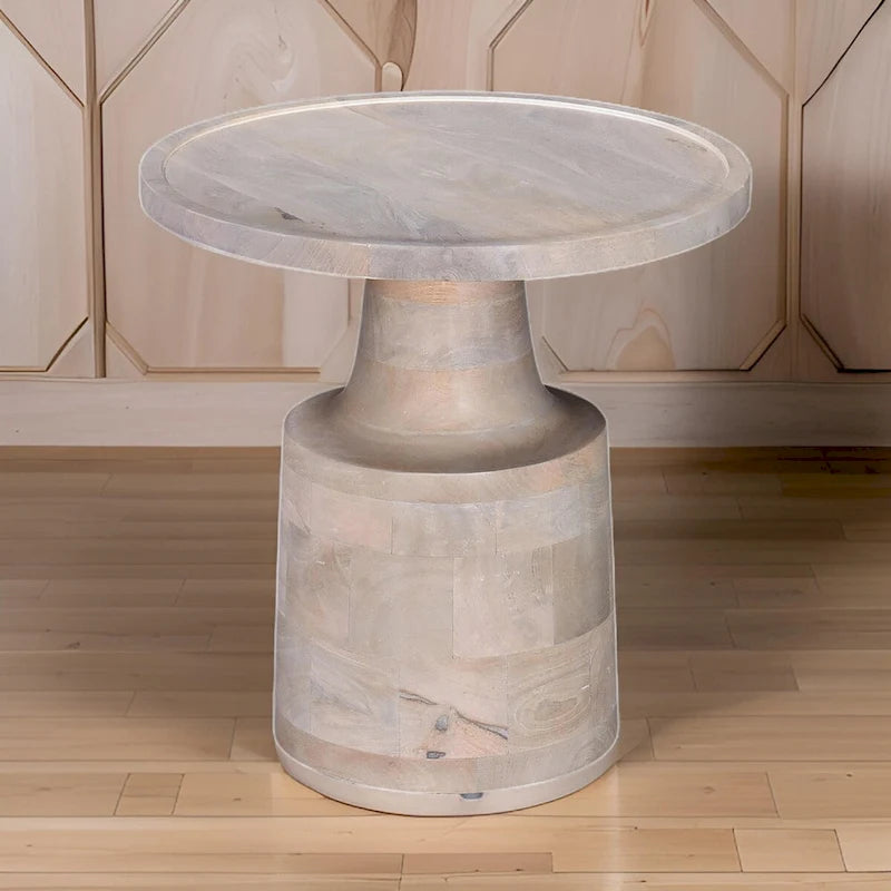 Table d'appoint, plateau rond de 18 pouces, pied central, bois de manguier blanc chêne