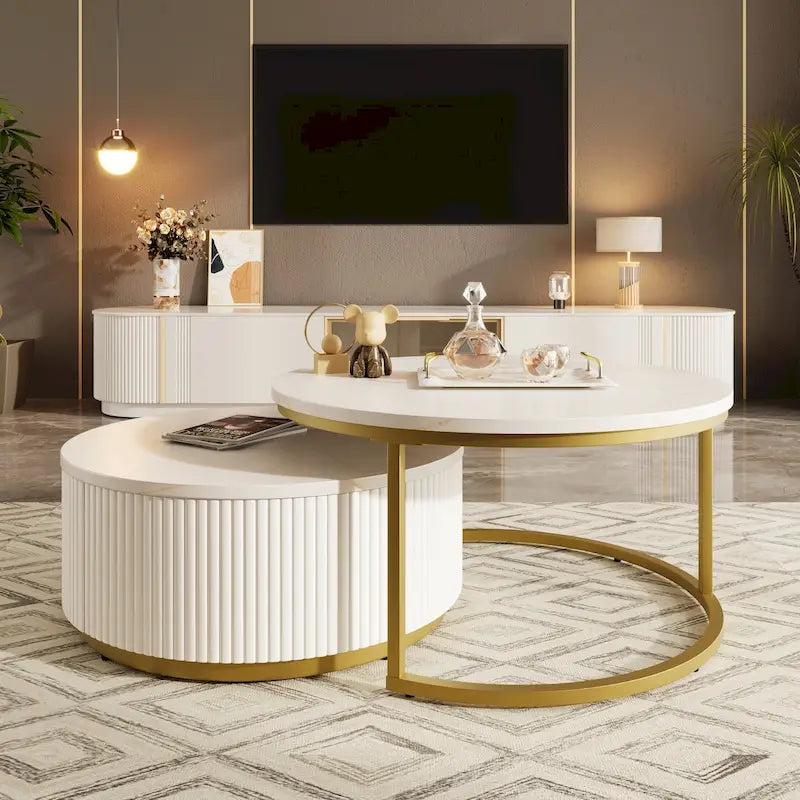 Table basse gigogne ronde moderne cannelée avec tiroir